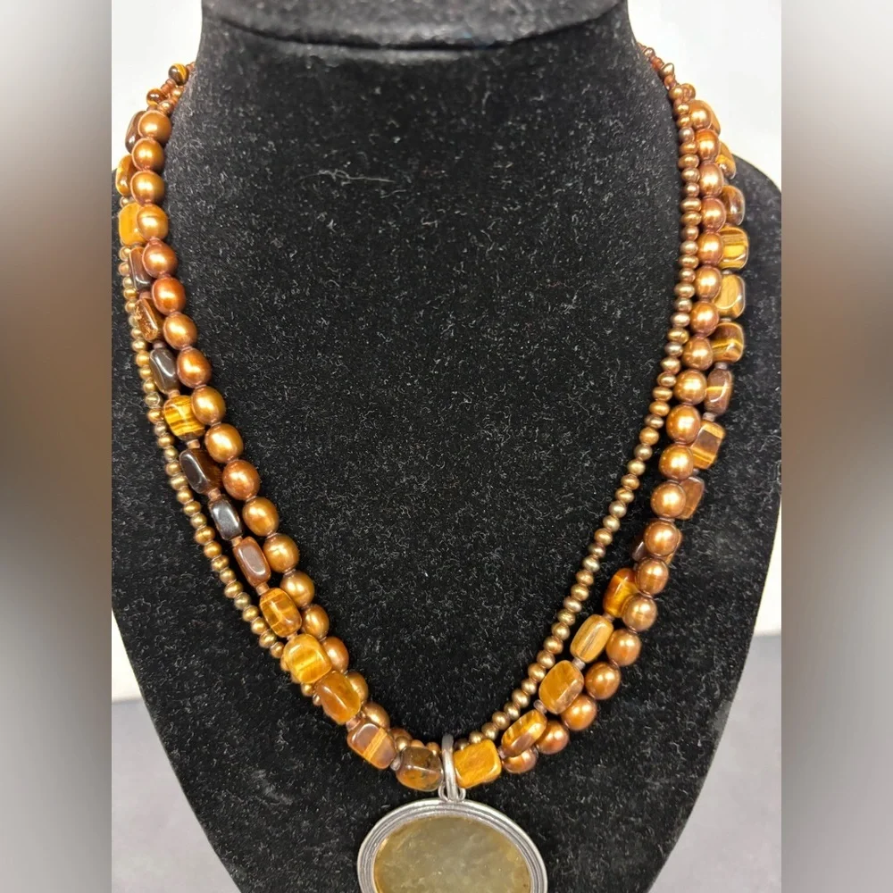 Silpada Multi-strand Tiger's Eye and Bonze Pearl Necklace w/ Brass Pendant N1838 - Picture 4 of 4
